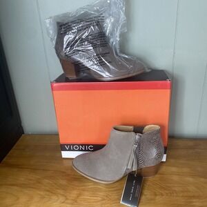 Vionic Upright Anne Booties Greige Snake Leather Ankle Boots Side Zip‎ 7.5